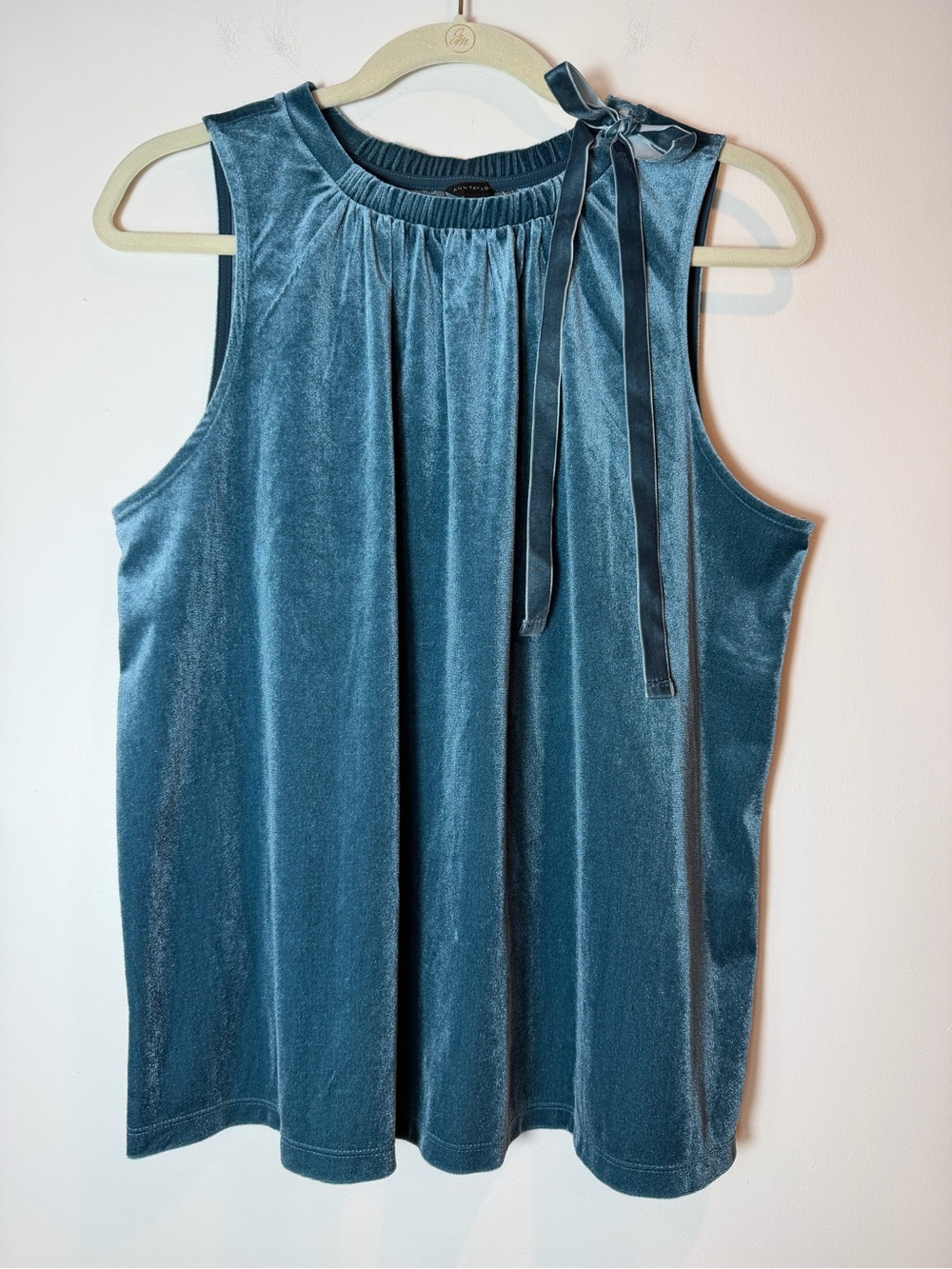 Ann Taylor Teal Velvet Ruched Shell Tank Top Ribbon Tie Size Large Holiday
